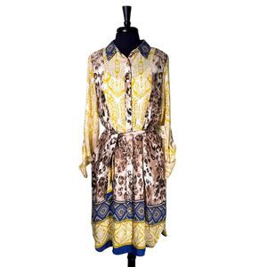 NWT Fig & Flower Womens Dress XL Mixed Print Belted Button Shirt Dress Boho